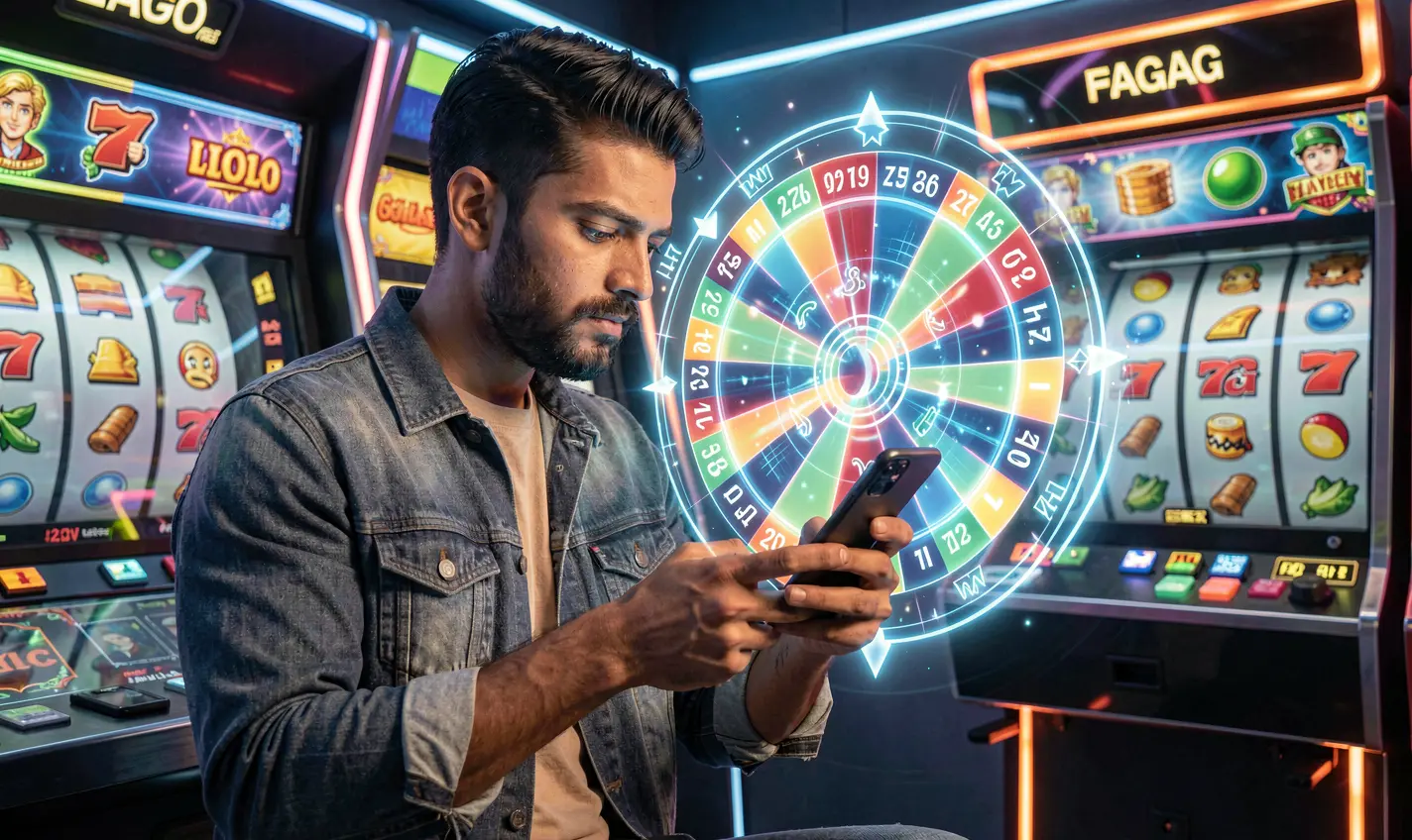 Confident Bangladeshi player checking the 26OK casino app as a glowing digital roulette interface highlights fast mobile gaming