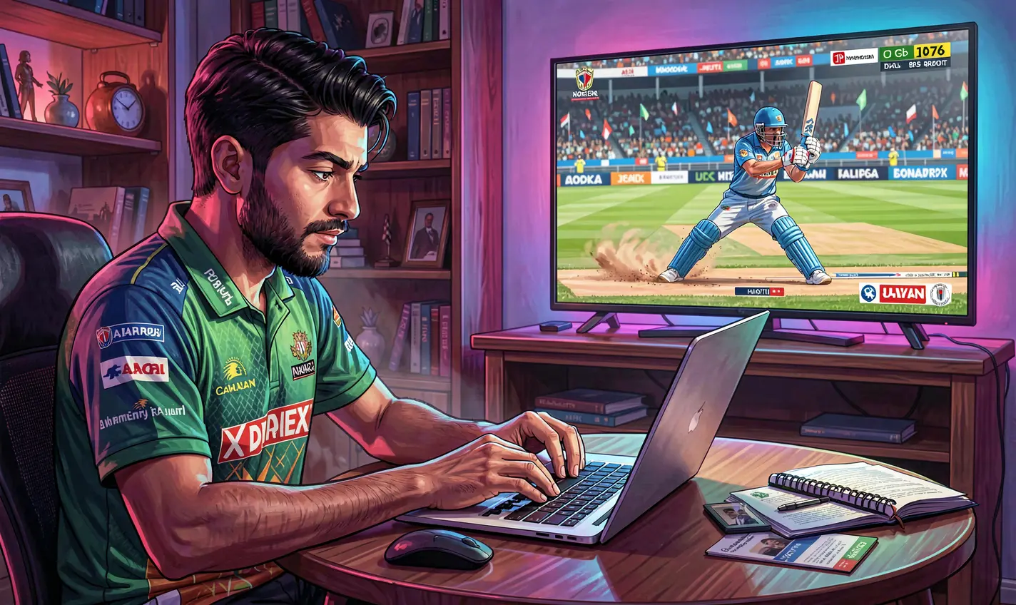 Focused Bangladeshi sports bettor analyzing live cricket odds on a laptop with stadium visuals while betting on 26OK
