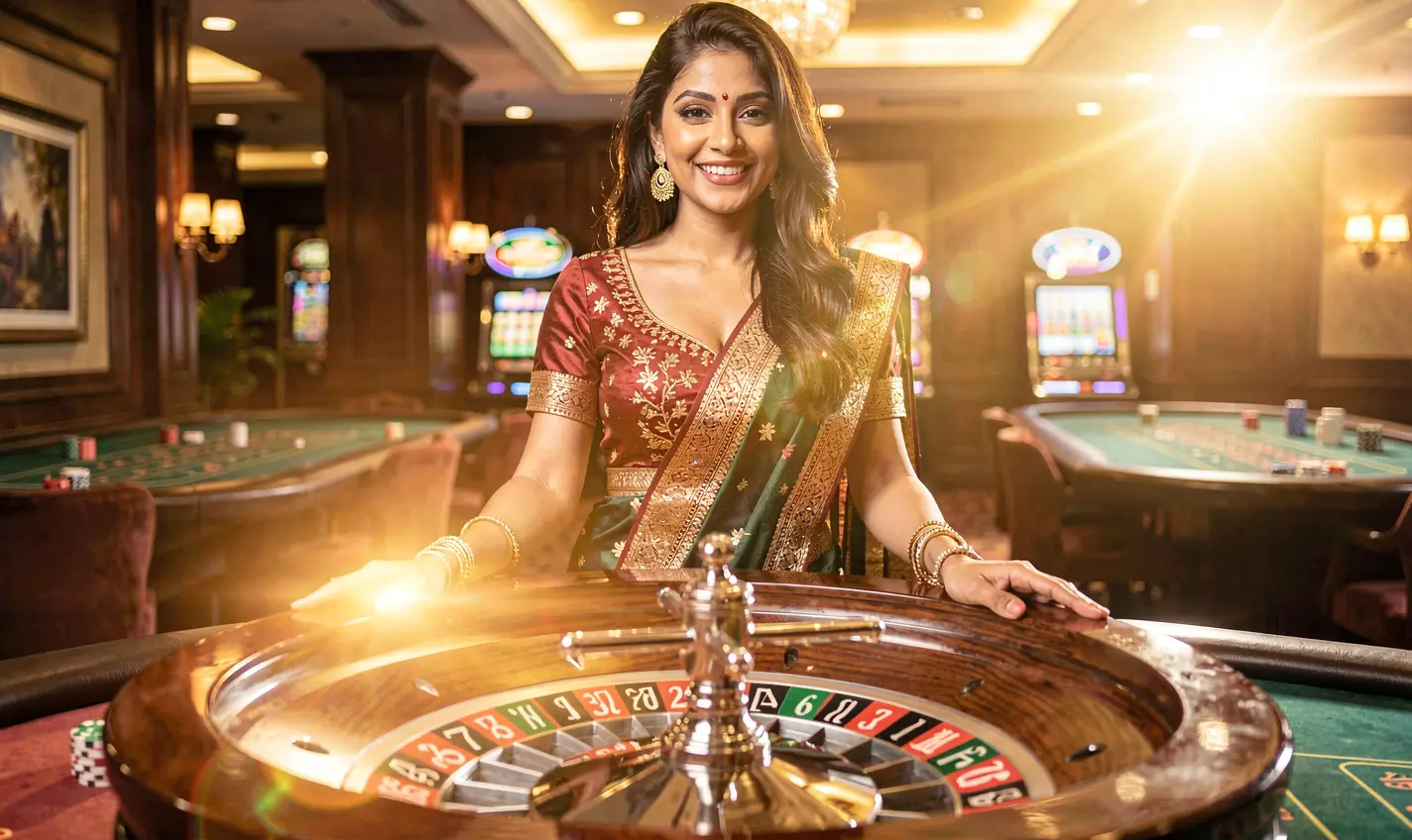 Elegant casino hostess presenting a roulette table with glowing lights and premium casino ambiance showcasing the live gaming experience at 26OK for Bangladesh