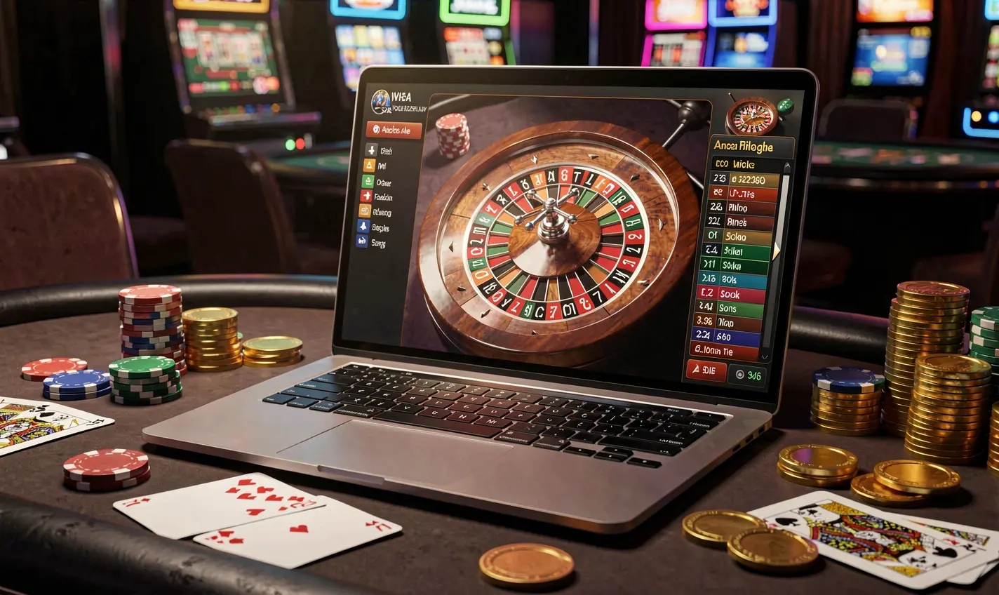 Stylish online roulette scene on a laptop surrounded by casino chips and cards showcasing the immersive live casino experience at 26OK for players in Bangladesh