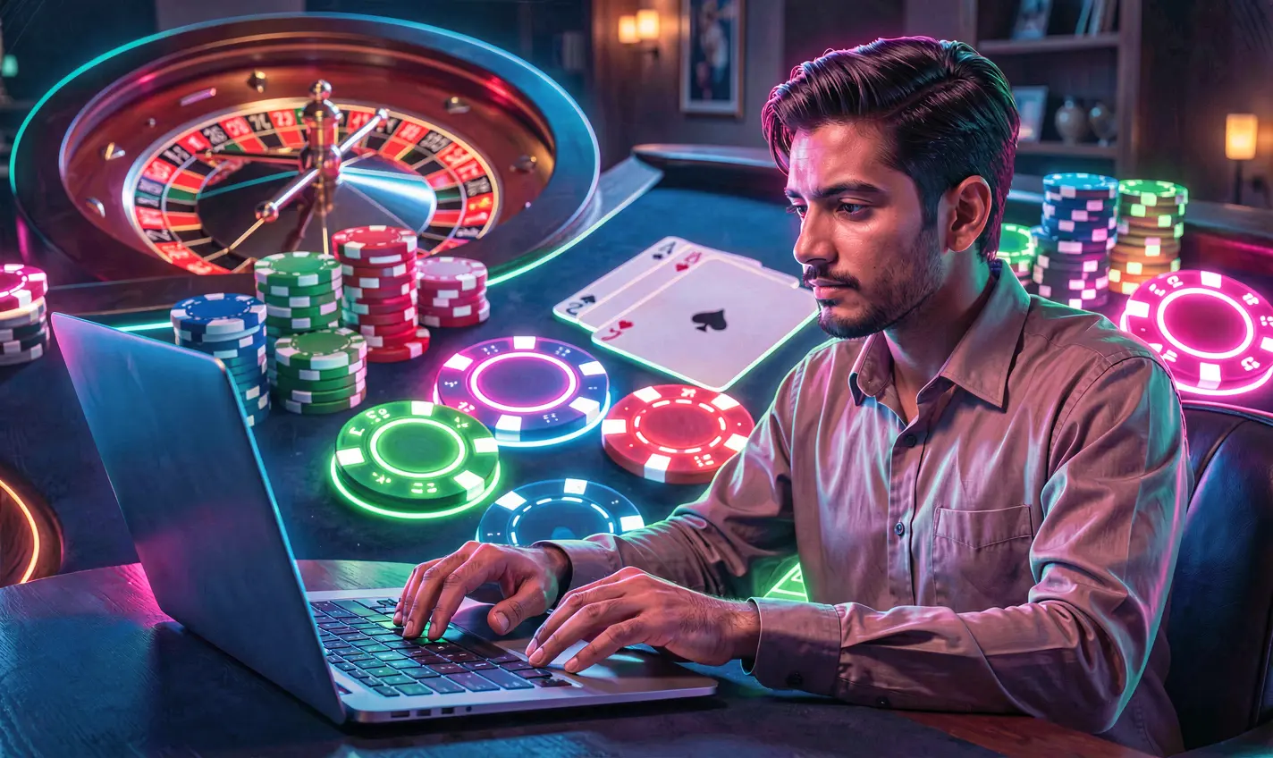 Focused online casino player using a laptop surrounded by glowing chips and roulette elements showcasing immersive gameplay on 26OK in Bangladesh