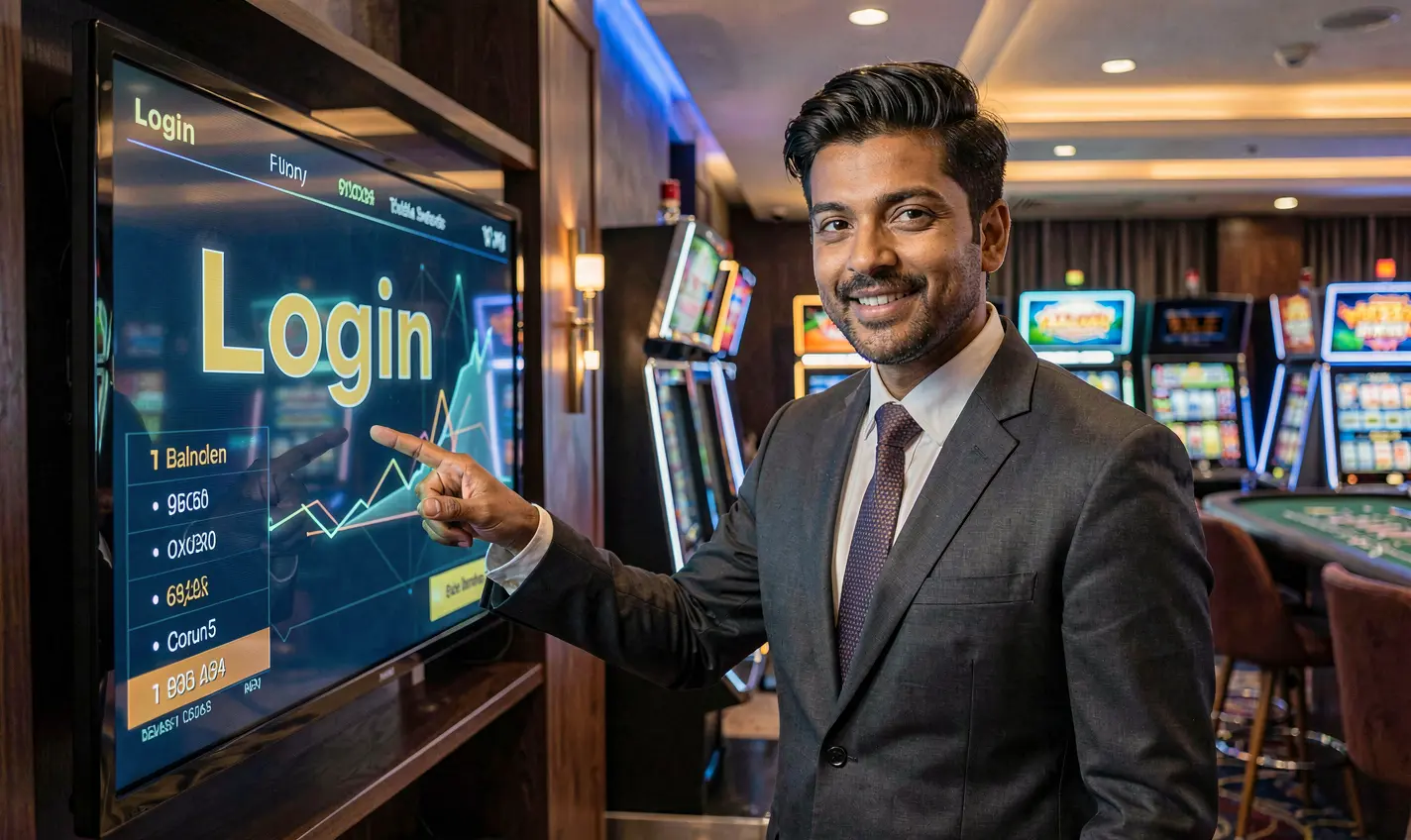 Confident Bangladeshi casino dealer pointing at a glowing login screen inside a modern 26OK casino environment