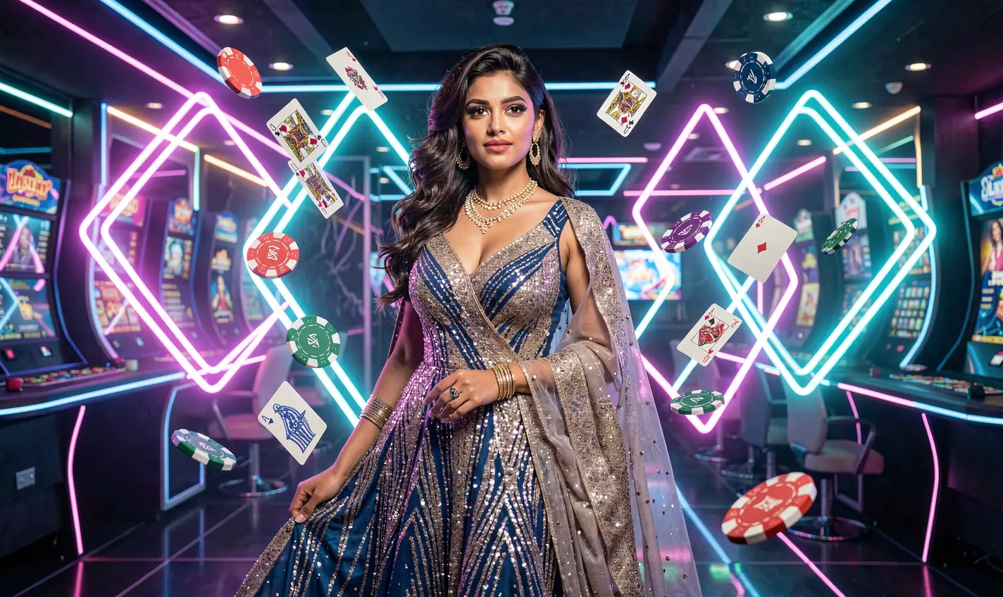 Luxury casino atmosphere with a graceful woman in a sparkling gown and floating chips highlighting the premium gaming experience at 26OK for players in Bangladesh