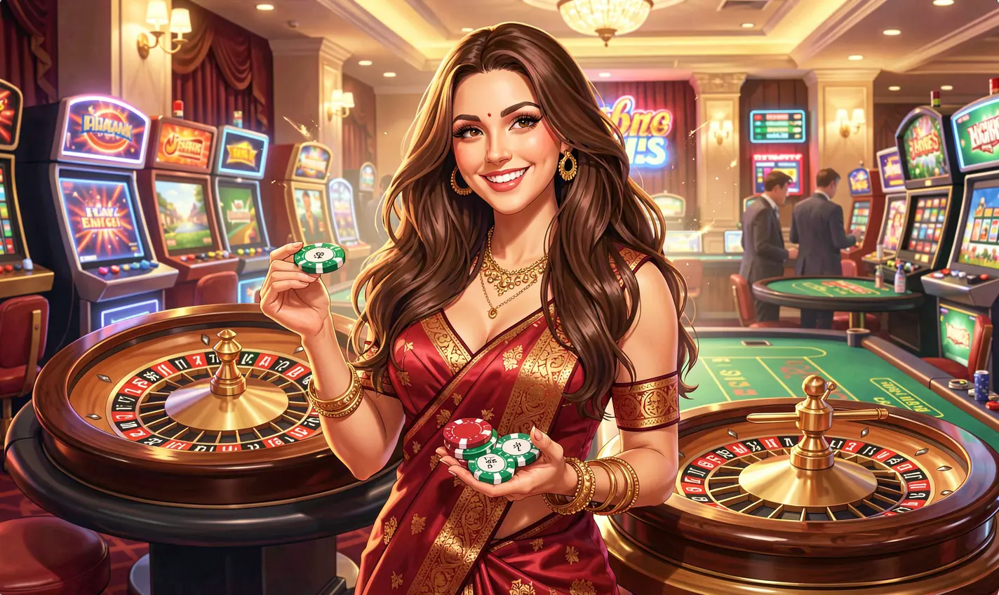 Elegant casino atmosphere with a glamorous woman holding chips near a roulette wheel symbolizing premium gaming and winning experiences at 26OK Casino Bangladesh